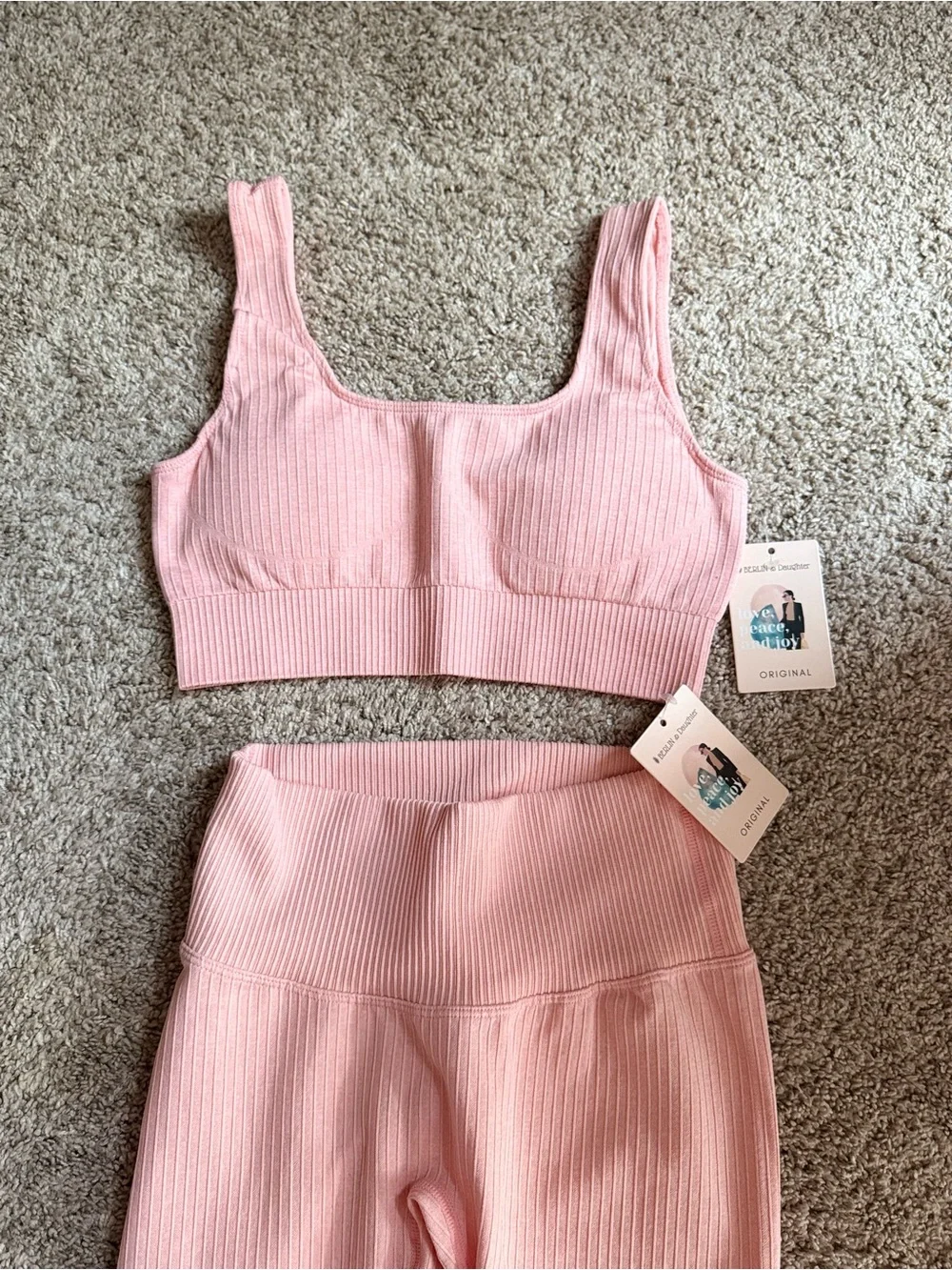 NWT Berlin & Daughter Pink Ribbed 2 Piece Leggings Crop Top Set S